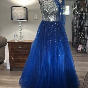 Sparkling Silver Sequin Bodice with Royal Blue Tulle Skirt Gown
